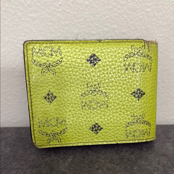 MCM Neon Green Logo Bifold Wallet Junk up cycle piece - Picture 2 of 12